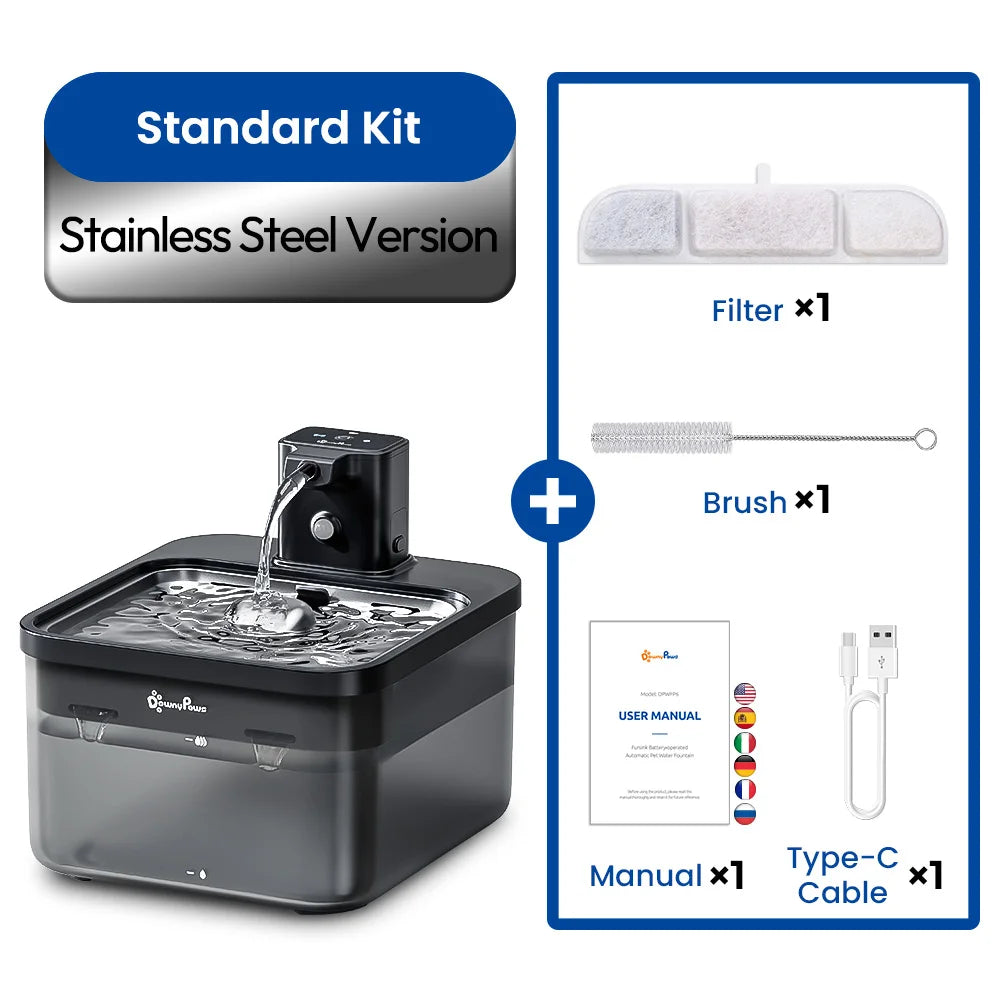 DownyPaws Wireless Cat Water Fountain – 2.5L Stainless Steel Smart Dispenser